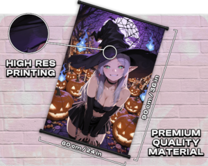 Frieren Halloween wall scroll size guide showing 60 by 90 cm