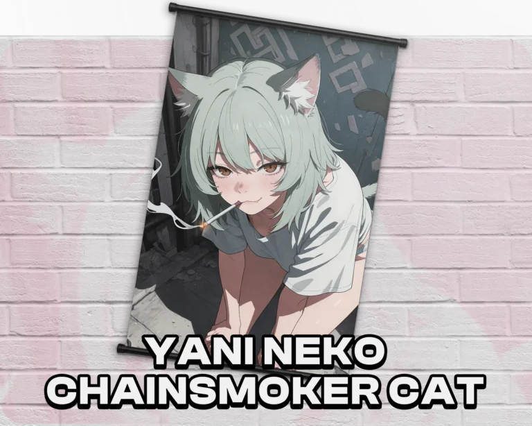 Yani Neko Chainsmoker Cat wall scroll artwork mockup