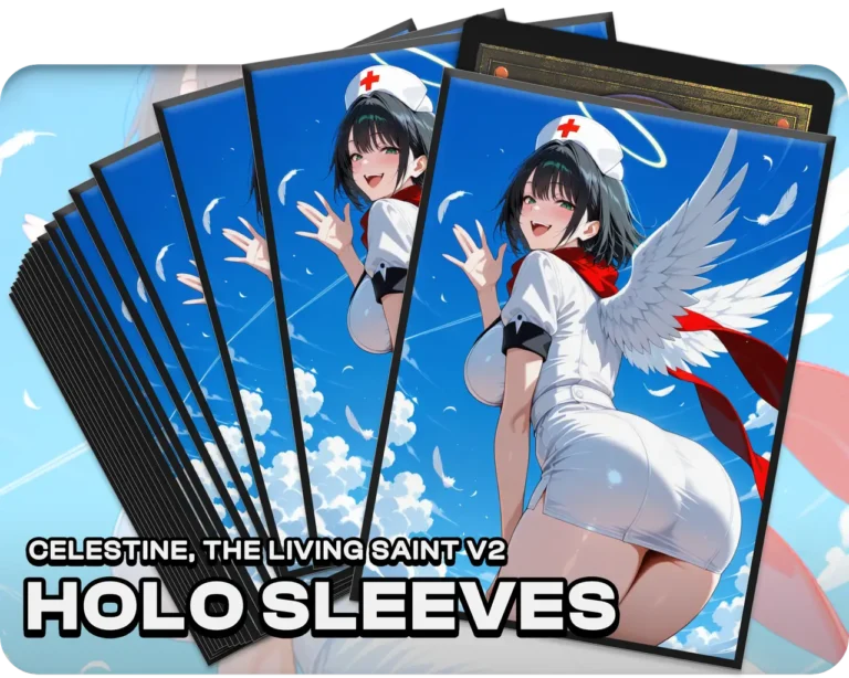 Celestine, the Living Saint v2 holo sleeves, pack artwork